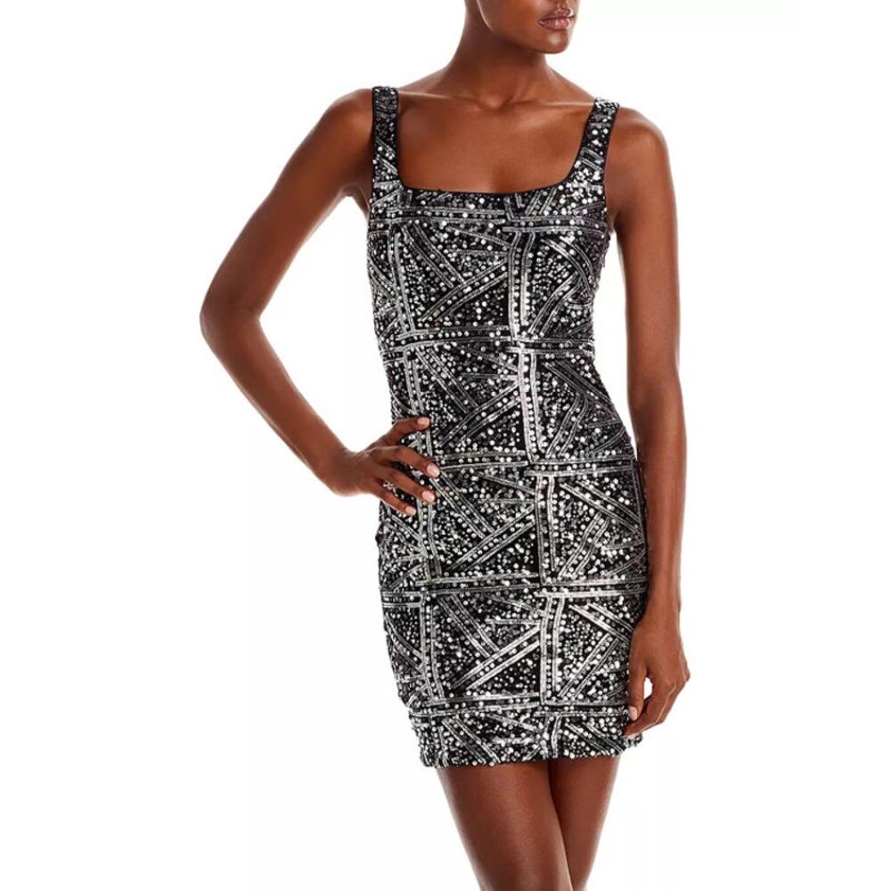 Aqua Women’s Metallic Glam‎ Boho Sequined Short Mini Dress Size M Black Silver